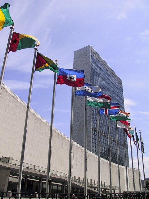 Photo:  NYC. Line of National Flags in front of the UN Headquarters in Manhattan.